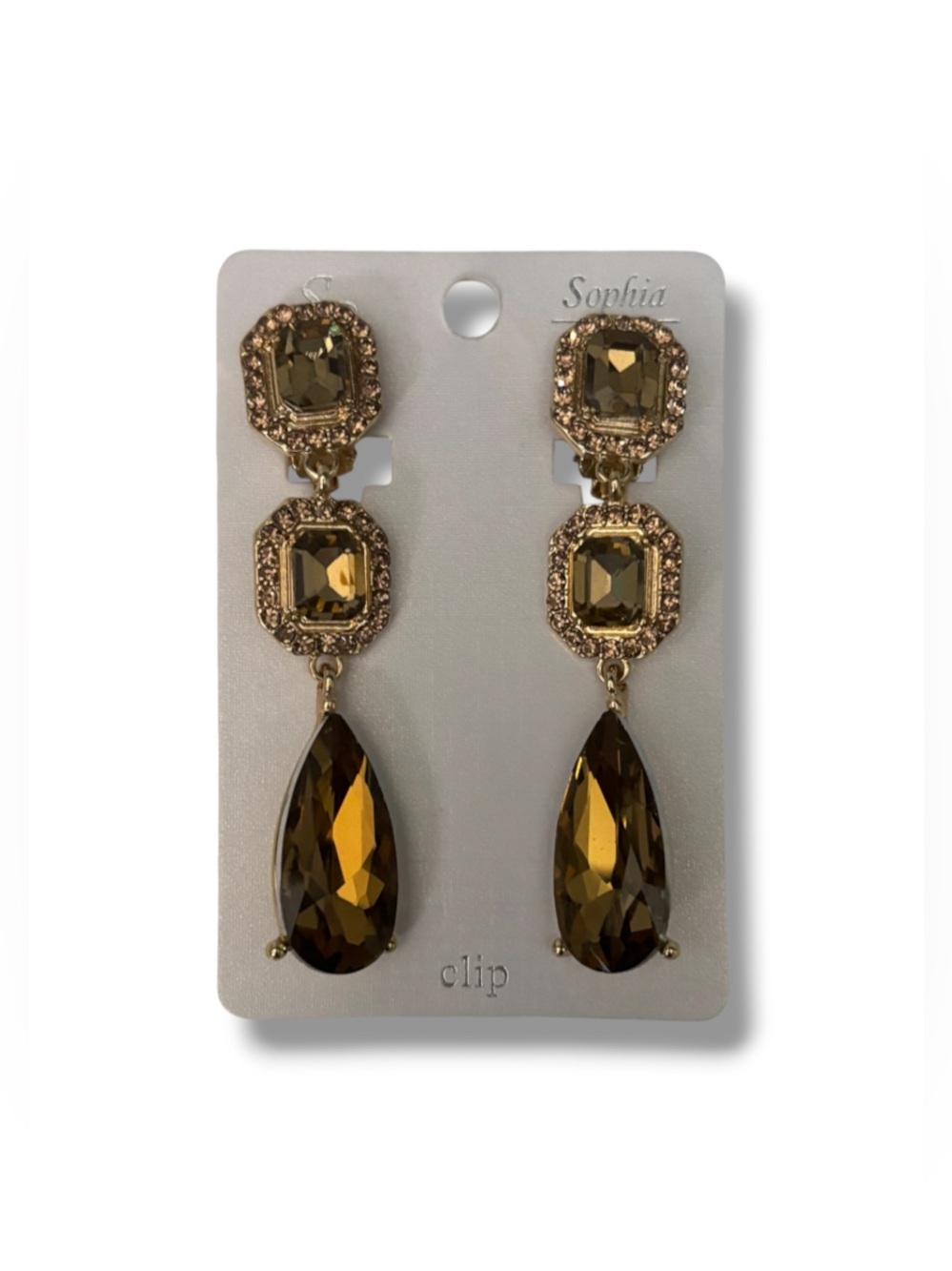 Gold-Tone Smoky Brown Crystal Drop Clip On Earrings